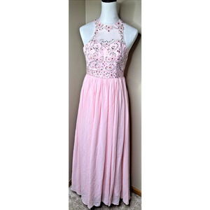 Hebeos Pink Beaded Halter Prom Dress S Long Formal Bridesmaid Flowy Gown